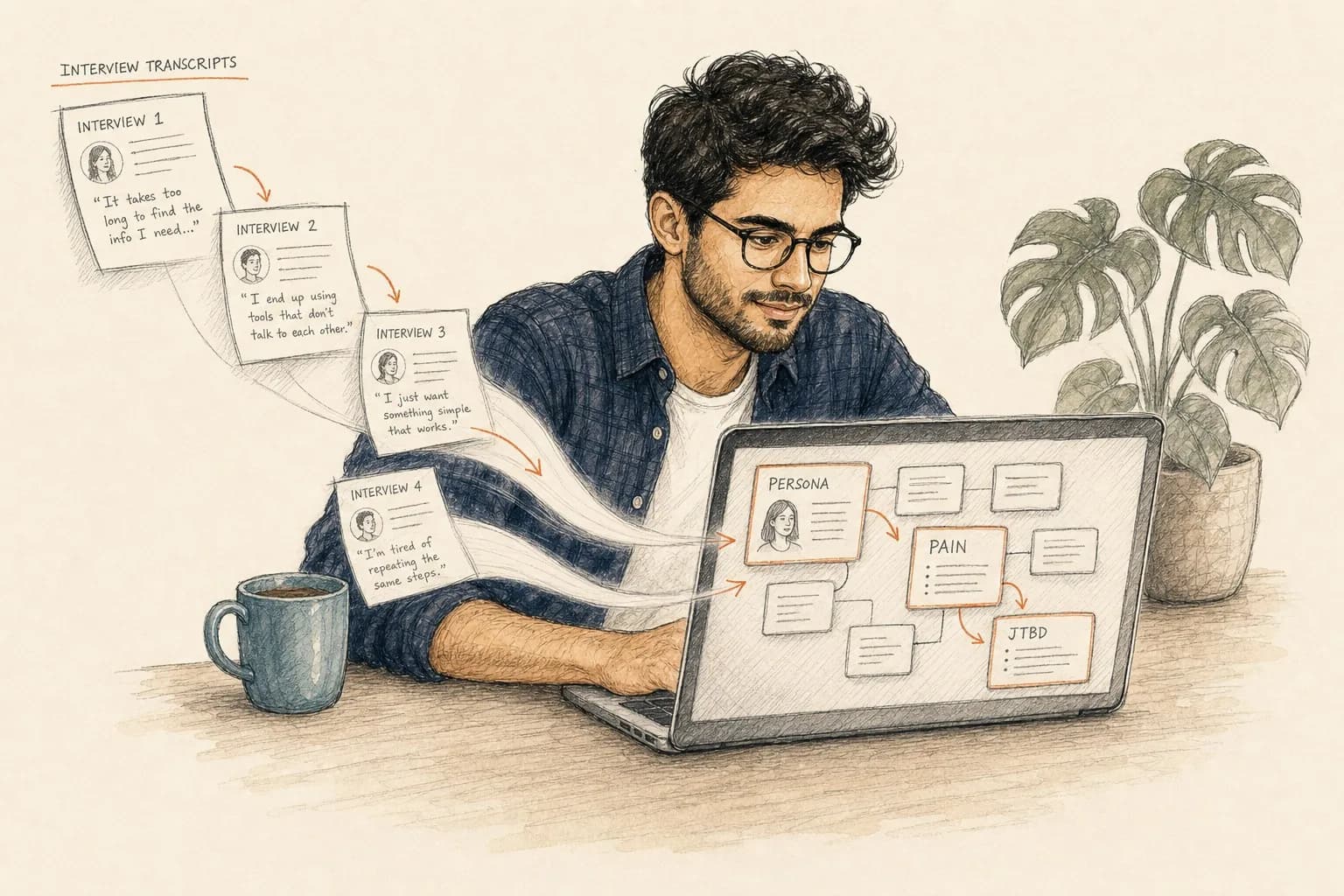 Raw interview transcripts resolving into structured objects