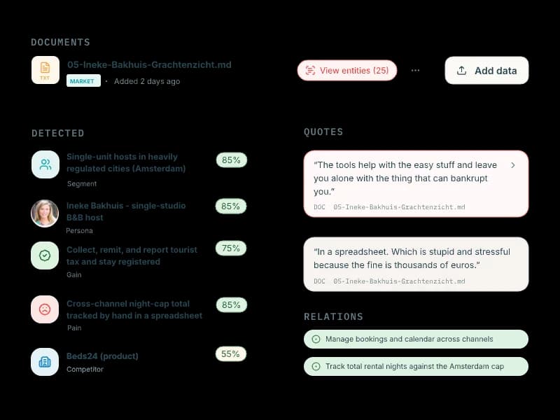 skerpa ingesting an interview document — 25 detected entities scored by confidence across segment, persona, gain, pain and competitor, with the quotes and relations that support them