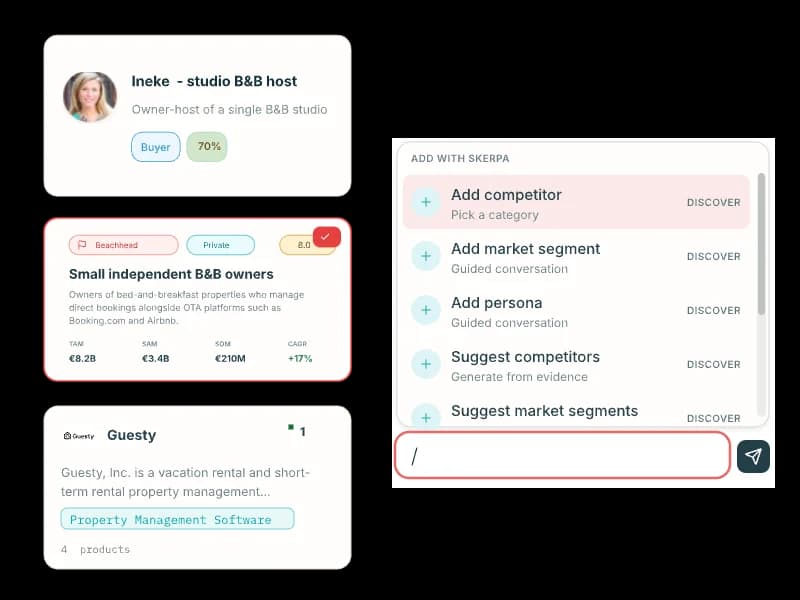 skerpa market discovery — a scored buyer persona, a beachhead market segment sized by TAM, SAM, SOM and CAGR, and a competitor profile, beside the menu for adding or suggesting each from the evidence