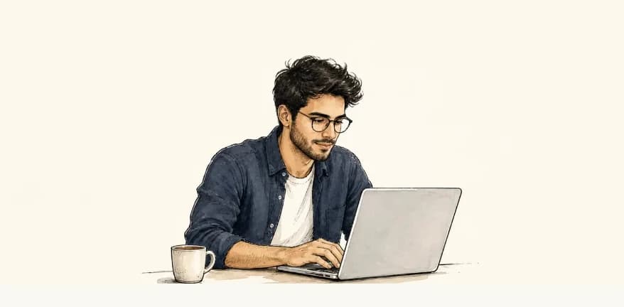 Founder working alone at a laptop, sketch illustration
