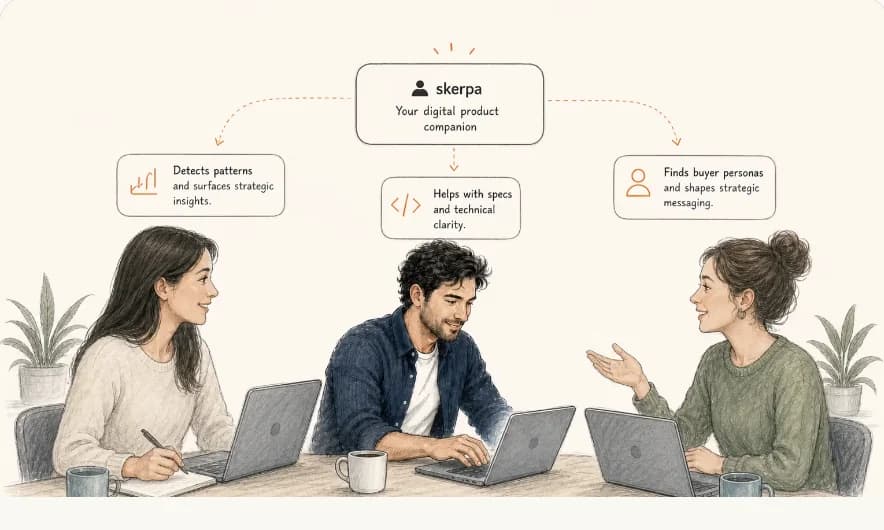 Product team collaborating with skerpa as their digital product companion, sketch illustration