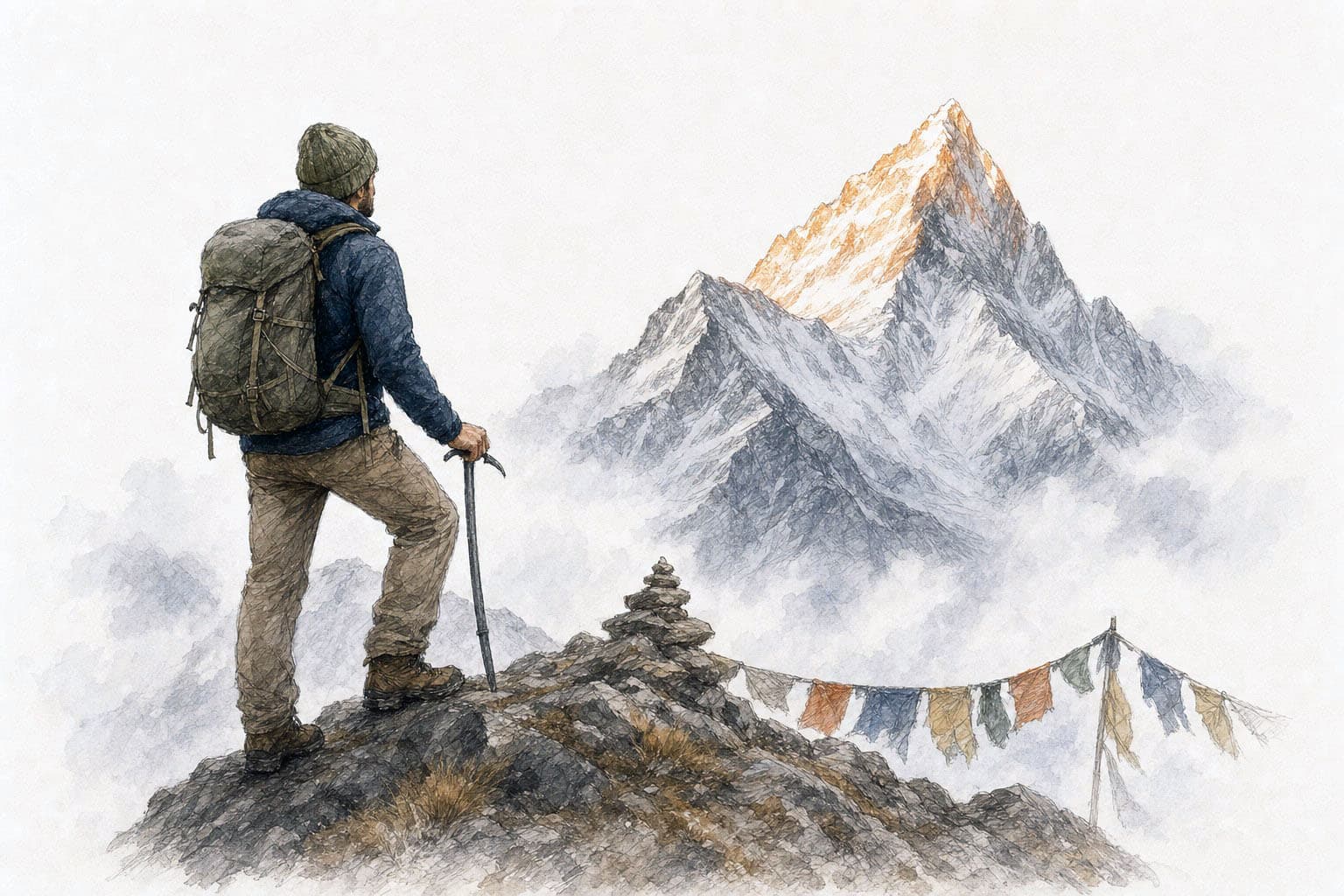 A mountain guide on a ridge facing a sharp summit