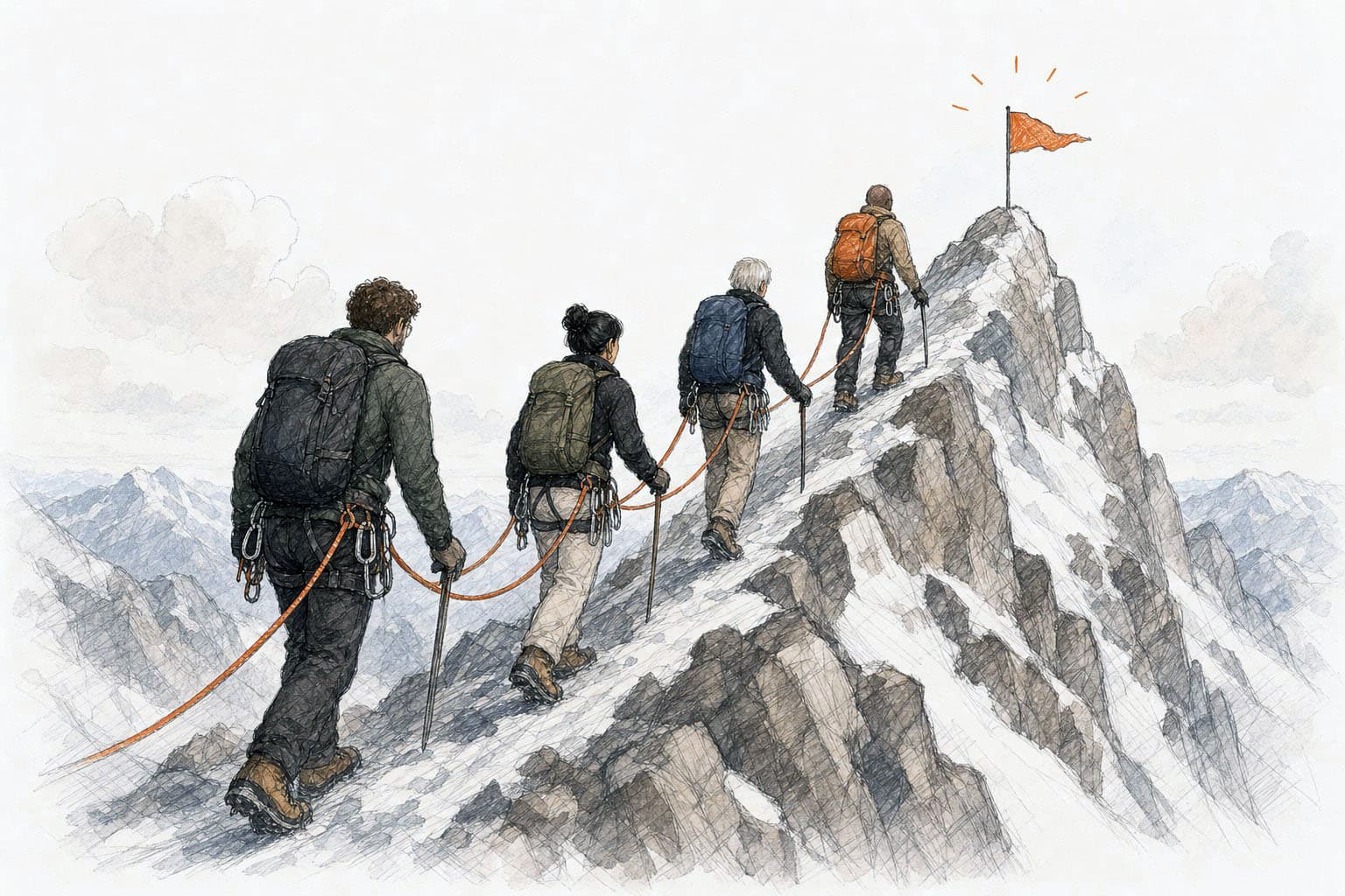 A roped team climbing together toward the summit
