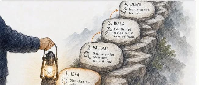 A lantern lighting the four stepping stones from idea to launch