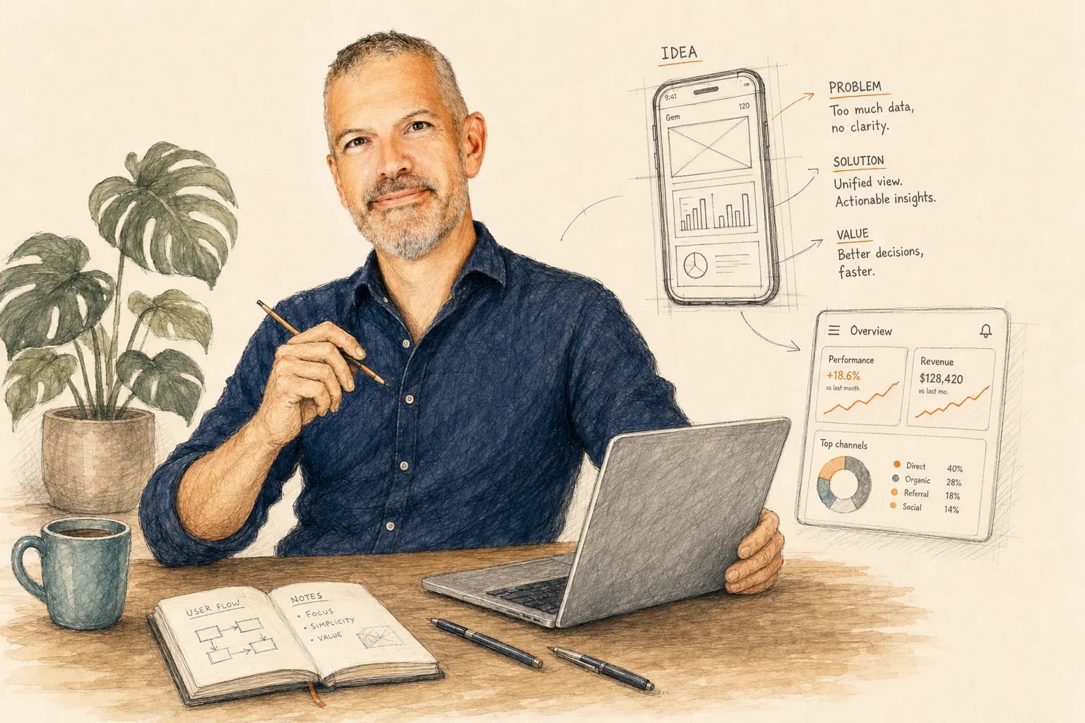 Illustrated portrait of Dimitri Degraeve