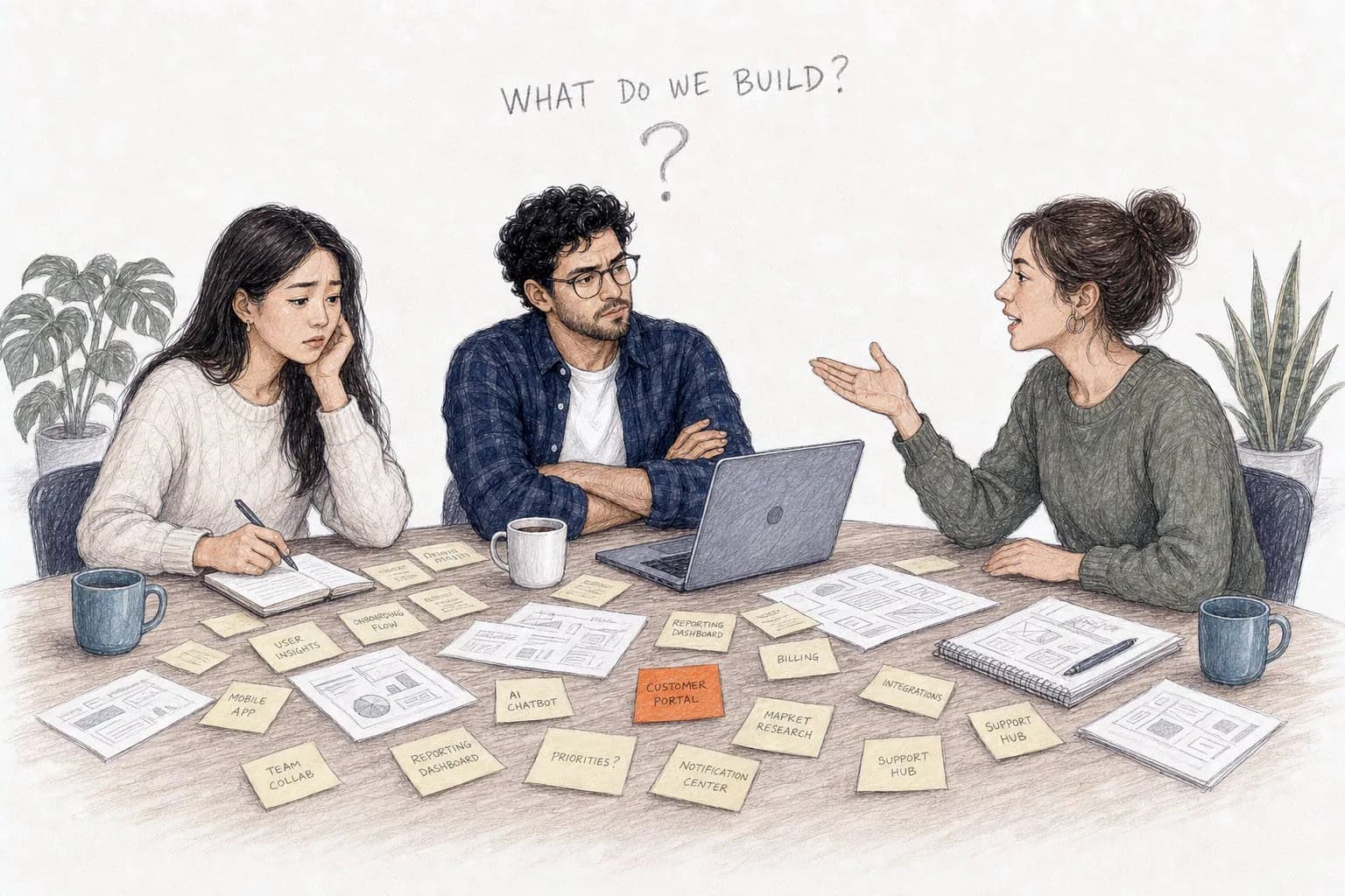 Three colleagues arguing convictions across a meeting table